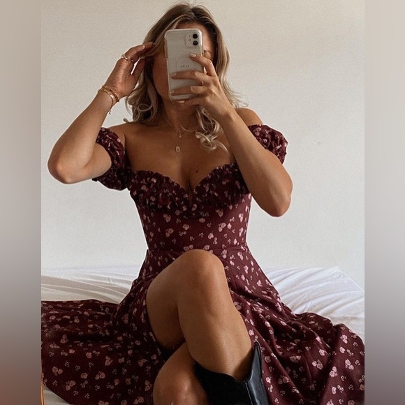 House of CB ‘Lauren’ Wine Floral Strapless Midi Dress NWT - Picture 4 of 9